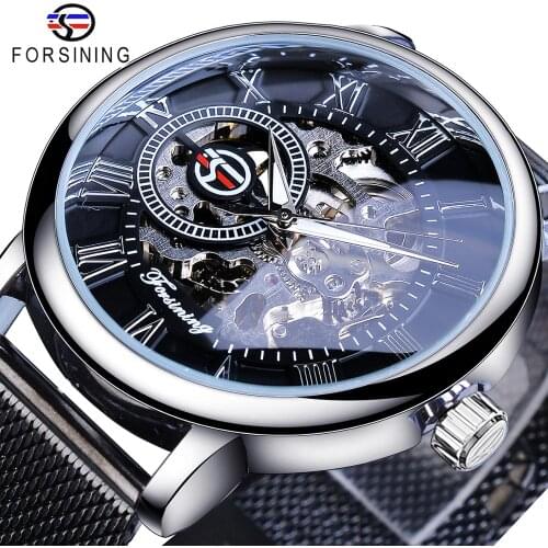 Forsining New Arrival Mechanical Watch Mesh Band Stainless Steel Ultra-thin Roman Wristwatches Minimalist Business Mens Watches