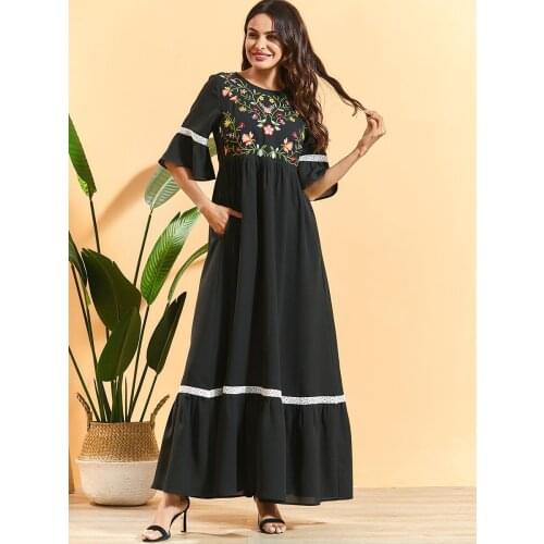 Black Webbing Summer Splicing Loose Casual Ethnic Dress Short sleev Plus Size Maxi Dress for Women Arabic Muslim Islamic Clothes