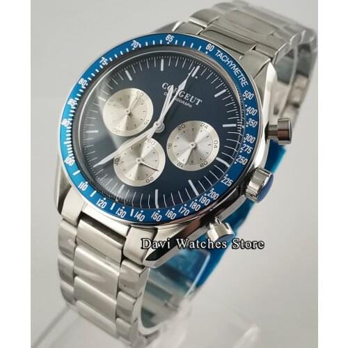 Corgeut 40MM Mens 24-Hour Multi-Function Stainless Steel Chronograph Quartz Watch Blue Dial Sport Relogio Masculino