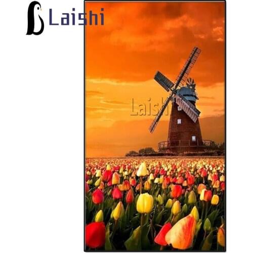 DIY Sunset Windmill Tulip Flower Sea Full Square Drill Diamond Painting Colorful Handmade Embroidery Mosaic Home Room Wall Decor