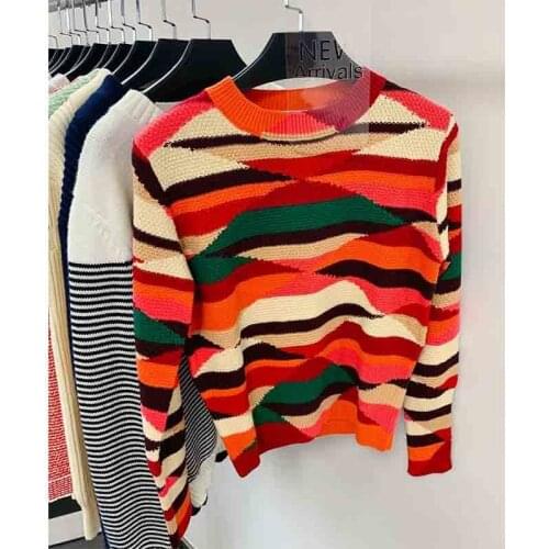Women Sweater 2021 Runway Design Colorful Knitted Sweaters Geometric O-Neck Long-sleeved Short Kint Pullover