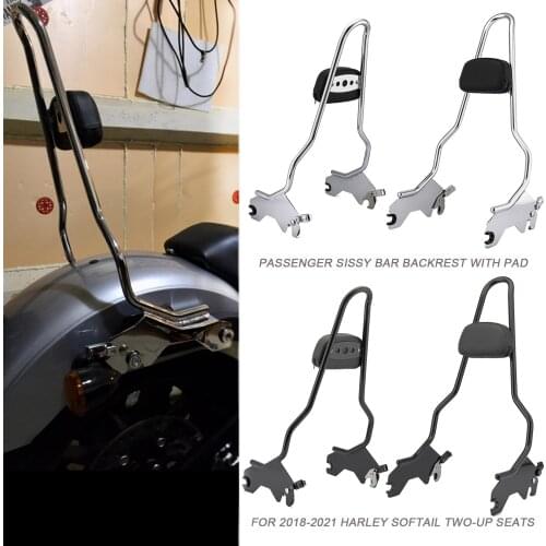 For 2018-2021 Harley Softail FLSB FXLR FXLRS Two-up Seats Chrome Gloss Black Motorcycle Passenger Sissy Bar Backrest With Pad