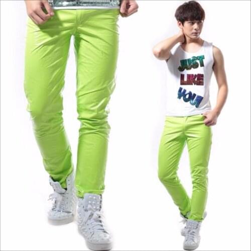 Fluorescence Green Leather Pants Men Hairstylist Personality Shiny Leather Trousers Bar Nightclub Stage Singer Costumes 27-40