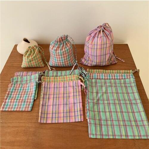 Korean Style Ins Plaid Drawstring Pocket Fresh Contrast Color Storage Bag Single Drawstring Cosmetic Bag Clutch