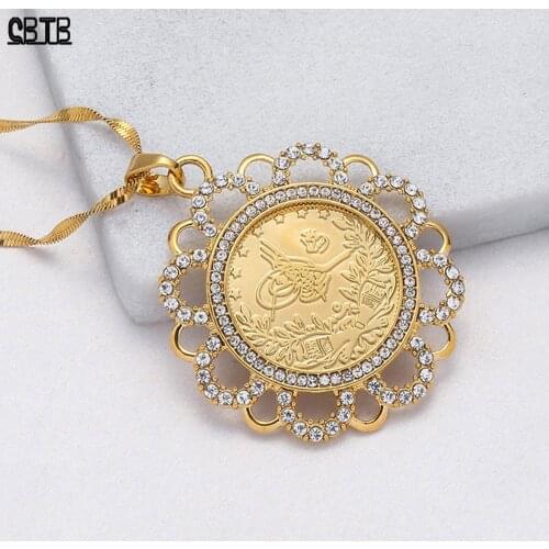 Ancient Coin Pendant Muslim Fashion Crystal Flower Necklace Women/Men Gold Retro Jewelry Middle East Africa Gift Wholesale
