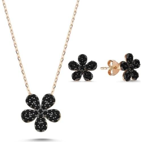 Kutaydan Black Zircon Stone Daisy Set 925 Sterling Silver Made in Turkey