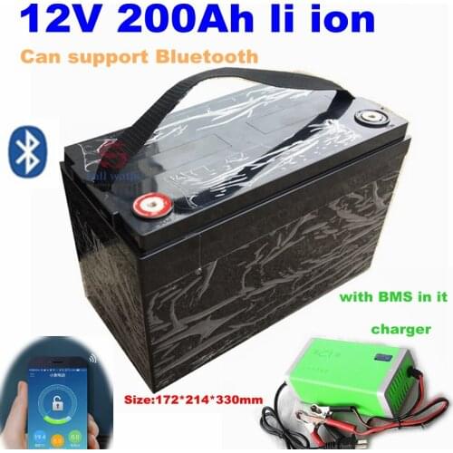 Lithium 12V 200AH li ion battery with bluetooth BMS APP for 1200W fishing xenon lamp Solar energy storage RV +20A Charger