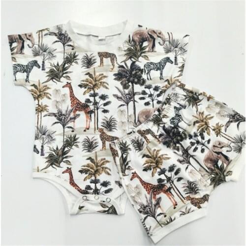 1-3Years Fashion Toddler Kids Boys Girls Summer Clothes Sets Cartoon Animal Print Short Sleeve Romper+Elastic Shorts Outfits