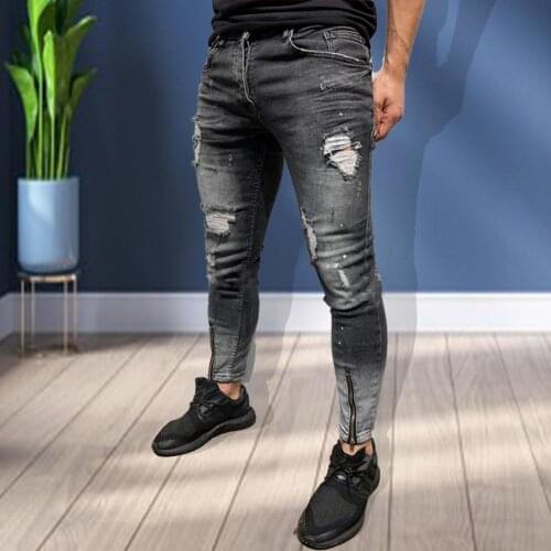 Men Jeans Mid Rise Skinny Fashion Ripped Holes Zipper Pencil Pants Trousers Skinny Jeans Blue Pencil Pants Party Casual Trousers