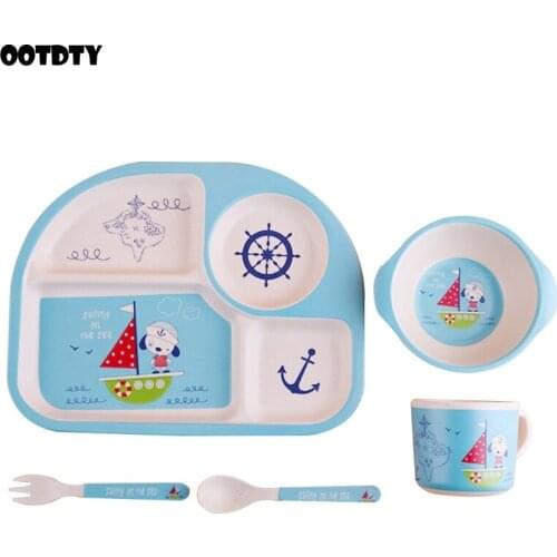 5Pcs Toddler Kids Bamboo Dinnerware Set Cartoon Animal Food Plate Feeding Dishes Bowl Spoon Fork Cup Tableware Baby Shower Gifts