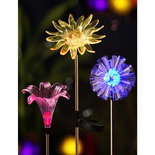 Set of 3 Bright Solar Stake Lights Figurines LED Dandelion & Lily & Sunflower Color Changing