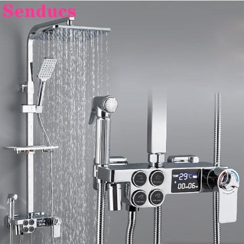 Thermostatic Shower Faucets Set with 12 Inch Rainfall Shower Head Solid Brass Bathroom Tap Matte Black Thermostatic Shower Set