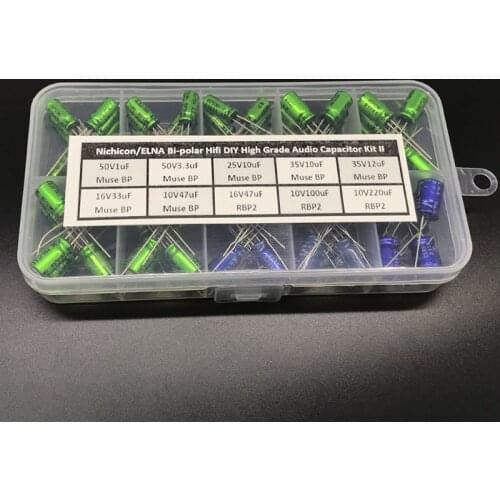 Nichicon/ELNA Muse BP/RBP2 Bi-Polar HiFi Audio Capacitor assorted kit box assortment 10V~50V, 0.47uF~220uF Non-Polar total 95pcs