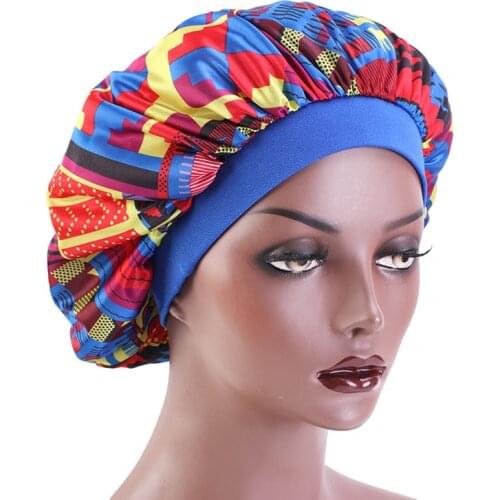 New Women Sleep Cap Satin Night Sleep Cap Ankara cap Hat African pattern print silky Head Cover Wide Elastic Band Dropshipping