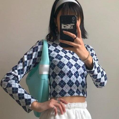 2020 winter new plaid long sleeve T-shirt knitted high collar versatile fashion temperament Europe and the United States