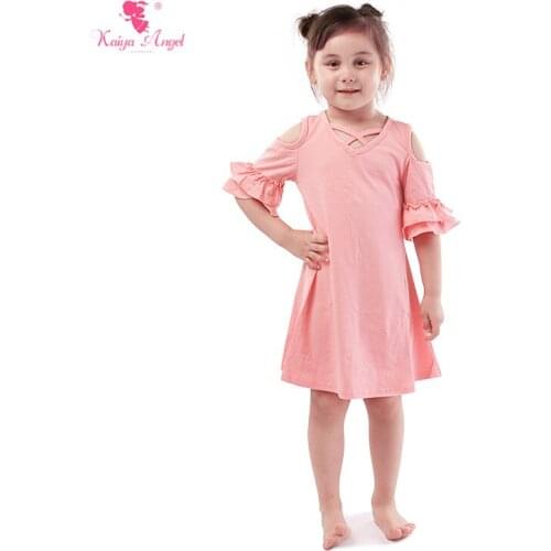 Kaiya Angel Factory Wholesale Back To School Dress Off Shoulder Ruffled Half Sleeve Light Pink Dress For Summer Baby Children
