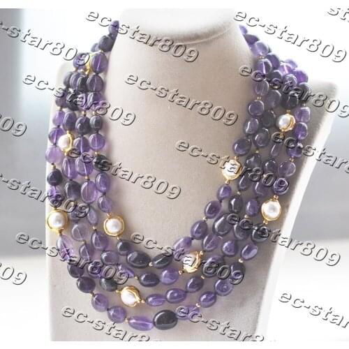 Z11377 4Row 20" 15mm Purple Baroque Amethyst gold-plating White Pearl Necklace