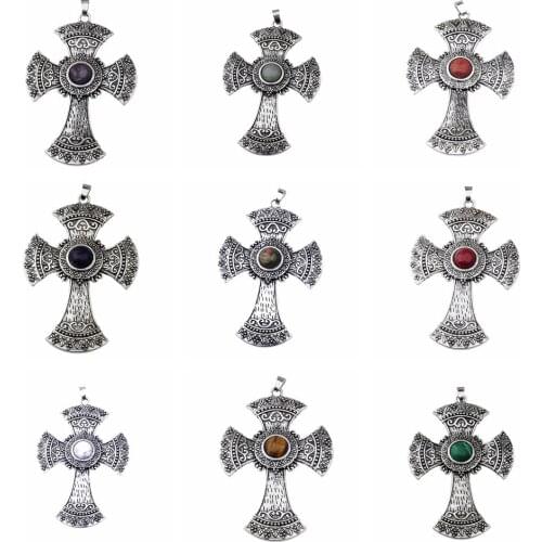 Rhodochrosite Cross Alloy Pendant Necklace Girl Fashion Couple Stone Necklaces long chain for women men