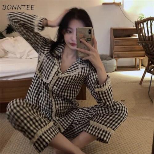 Pajama Sets Women Plaid Long Sleeve Turn Down Collar Loose Casual Soft Breathable Korean Style Sleepwear Simple Sweet Students
