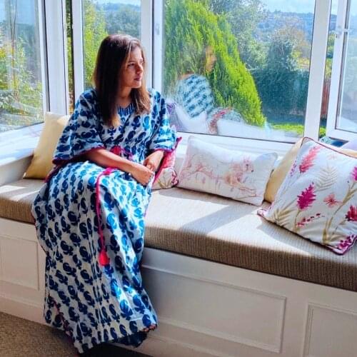 Indigo Print Paisley Free Size Kaftan India Style Cotton Comfy Fabrics Caftan Long Maxi Dress for Women Home Boho Maternity Robe