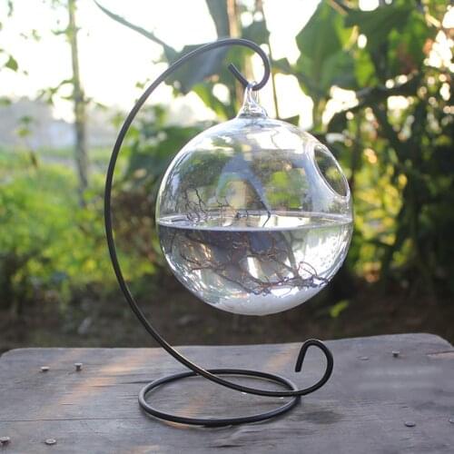 Clear Round Shape Hanging Glass Aquarium Fish Bowl Fish Tank Flower Plant Vase Home Decoration with 28cm Height Rack Holder