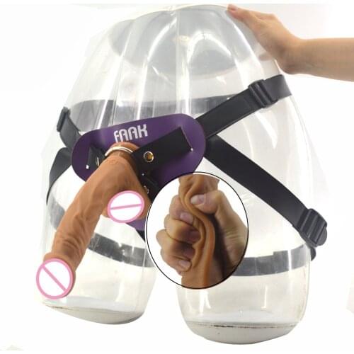 FAAK realistic dildo leather strap on penis for women lesbian couples double layer silicone strapon dildo suction sex products