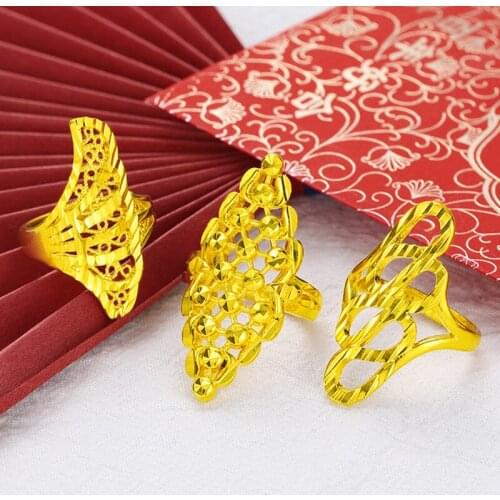Luxury Women Finger Ring 24K Gold Charm Jewelry Gift Dubai Bridal Rings Geometric Hollow Jewelry For Wedding Party Wife Gift