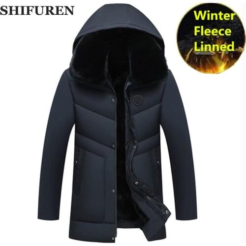 SHIFUREN Mens Winter Jacket Coat Hooded Fleece Velvet Thick Warm Winter Coat Cotton-Padded Jacket Parka Causal Male Overcoat