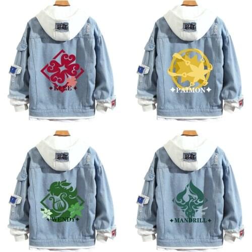 Genshin Impact Hoodies Men Barbatos Cosplay Hooded Sweatshirt Jeans Cotoon Denim Coat Jacket Outwear Unisex Spring Autumn