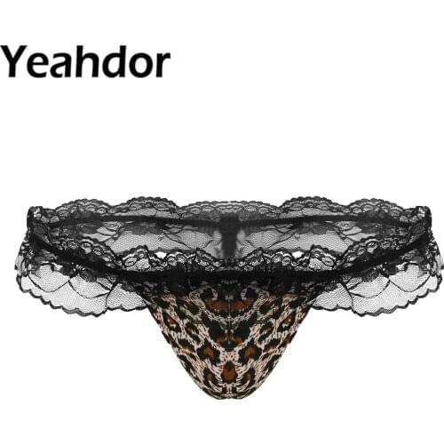 Mens Sissy Hot Lingerie Briefs Low Rise Ruffle Lace Open Back Bulge Pouch Bikini G-string Thong Underwear Gay Bikini Panties