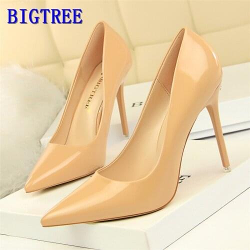BIGTREE Patent Leather Fashion Women Pumps High Heels Shallow Ladies Office Shoes Pointed Toe Concise Womens Red Wedding Shoes
