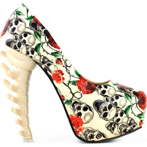 LF80610 Beige Skull Rose Print Platform Bone Heel Party Club Pumps
