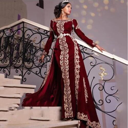 Long Sleeves Velvet Evening Dress 2021 Heavy Beads Appliques Lace Prom Dresses Detachable Skirt African Muslim Party Gowns