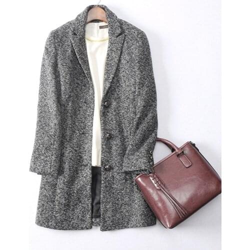 High grade wool blend classic tweed fabrics womens fashion overcoat suit-collar single breasted M/L/XL