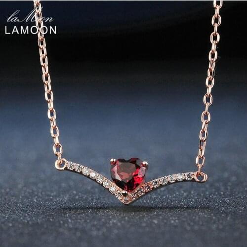 Lamoon Elegent 4mm Natural Heart Red Garnet 925 Sterling Silver Chain Pendant Necklace Women Jewelry S925 LMNI044
