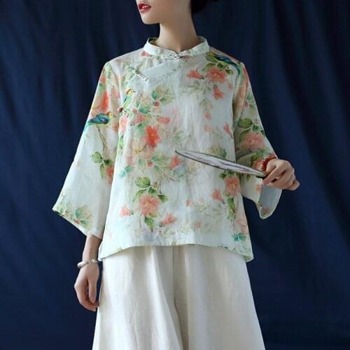 Johnature 2021 New Clothes Women Print Tops Linen Vintage Nine Quarter Sleeve Button Stand Collar Shirt Ramie Women Blouses