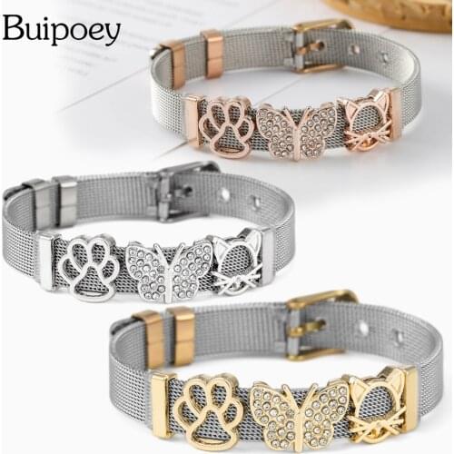 Buipoey Stainless Steel Mesh Bracelets For Women Girls Footprin Cat Beads Butterfly Charm Watch Bracelet Fashion Women Jewelry