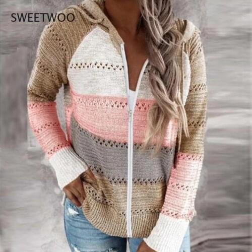Womens Sweater V-Neck Patchwork Hooded Sweater Woman Casual Striped Long Sleeve Knitted Sweater Top Zipper