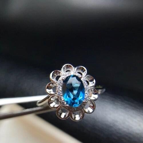 Natural blue topaz stone Ring Natural gemstone Ring S925 silver trendy Elegant big round Sunflower women girl party gift Jewelry