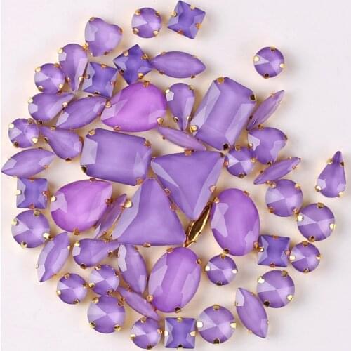 Gold claw settings 50pcs/bag shapes mix jelly candy Purple glass crystal sew on rhinestone wedding dress shoes bags diy