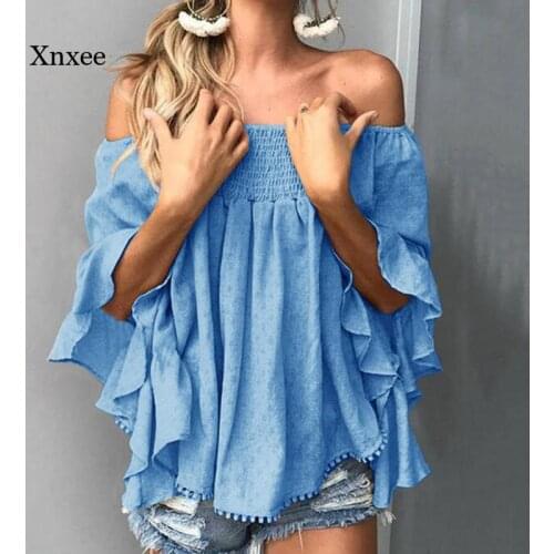 Boho Summer Off Shoulder Blouse Solid Tassel Irregular Tops Female Fashion Short Sleeve Backless Women Oversize Shirt Clothes