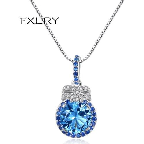 FXLRY Elegant Micro-inlaid Blue Zircon Pendant Necklace for Women Charming Chain CZ Stone Necklace For women Wedding