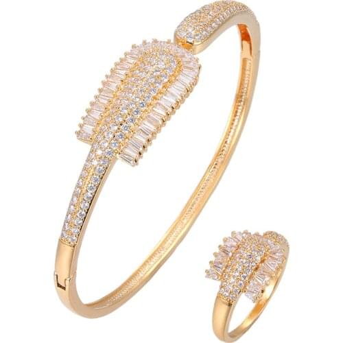 HIBRIDE Luxury Leaf Bangle Ring Sets Cubic Zirconia CZ Dubai Bridal Jewelry Sets For Women Wedding brincos para as mulher N-1718