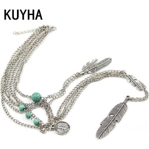 Fashion Bohemian Tribal Necklaces Bead Feather Pendant Statement Link Tassel Necklaces Women Metal Ethnic Choker Jewelry