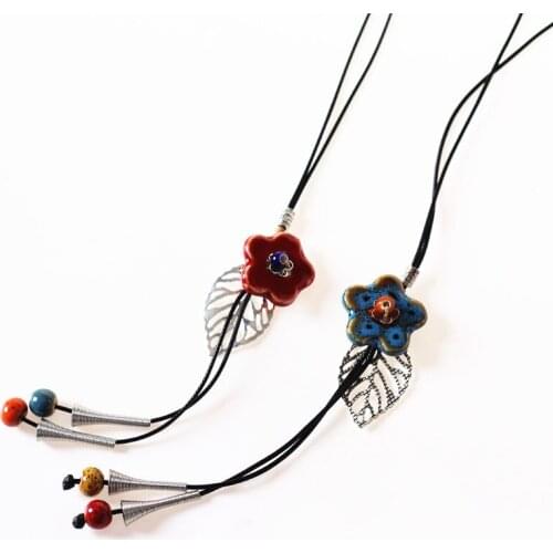 Fashion Jingdezhen Ceramic Flowers Bead Long Necklace Wax Rope Sweater Long Necklace For Women Girls Gift