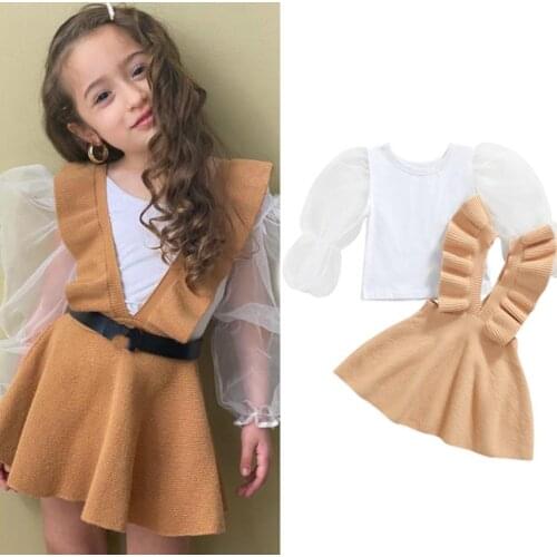 Fashion Girl’s Skirt Two Pieces Suit Solid Color Mesh Sleeve T shirt Tops and Knitted Suspender Cotton Skirt Childrens Sets