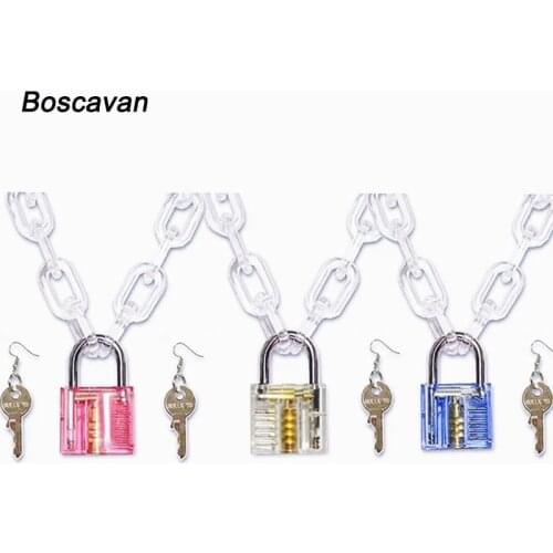 Fashion Women Men Unisex Chain Choker Collar Copper Transparent Padlock Resin Link Collar Necklace S M L XL