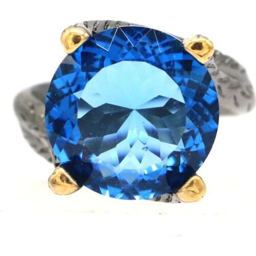 23x17mm Vintage Jewelry Ring for Women Gothic Black Gold Color HipHop Created Paris Blue Topaz Silver Rings