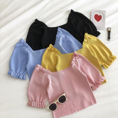 Pearl Diary Women Knitting Crop Tops Summer Square Neck Short Sleeve Casual Knit Tops With Ruffle Details Solid Color Slim Fit