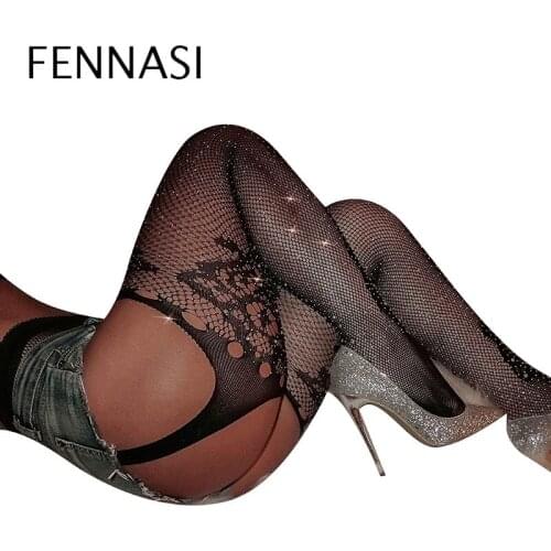 FENNASI Sexy Rhinestone Fishnet Tights For Women Thin Even Feet Jacquard Black Tights Bling Nylon Open Crotch Pantyhose
